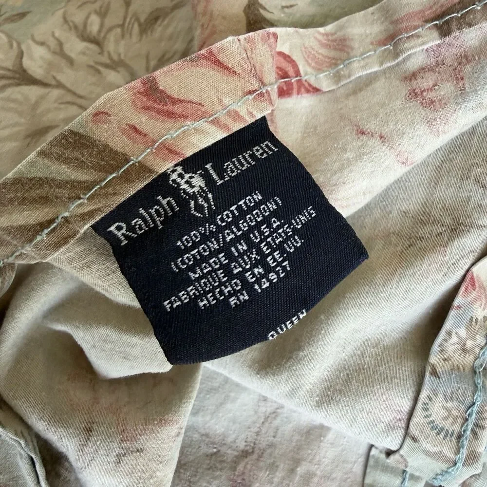 Vintage Ralph Lauren Queen Fitted Flat Sheet Pillow Case Charlotte Floral Green